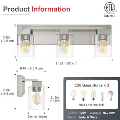 21.6 Inch Brushed Nickel Bathroom Light Fixtures, with Clear Glass Shade | 3-Light Bathroom Lighting Fixtures Over Mirror, Modern Wall Light, bathroom vanity light E26 Socket, ETL - color: Brushed Nickel, size: 3-Light