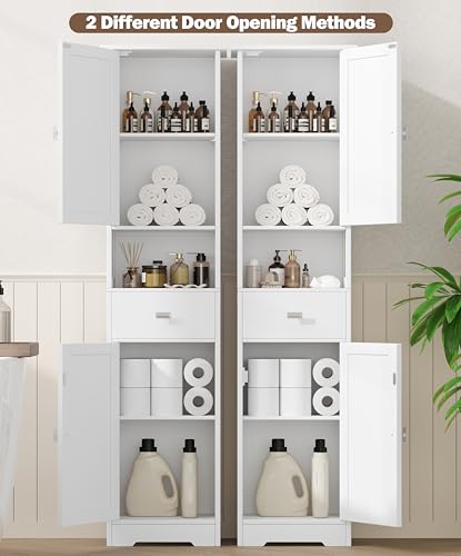 Akxomel 67" H Narrow Tall Bathroom Cabinet with 2 Doors and Storage Drawer | Floor Cabinet with Adjustable Shelves, Anti-Tip Design, 11.0 x 12.6 x 66.9 Inches, for Bathroom, Kitchen，Entryway, White