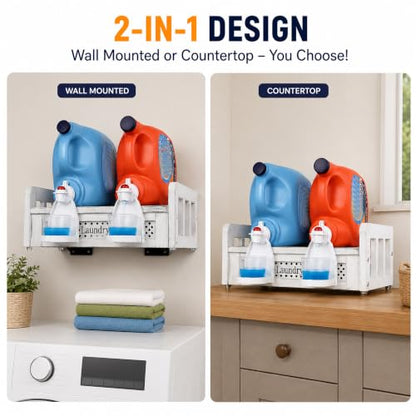 Wooden Wall Mount Laundry Detergent Holder, Rustic White | Farmhouse Wooden Organizer, Holds 2 Detergent or Softener Bottles, Laundry Room Storage - color: Rustic White