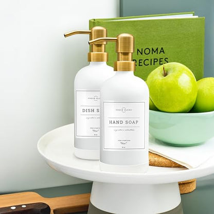 Vine Creations Glass Soap Dispenser, 2 Pack Kitchen Soap Dispenser Set with Stainless Steel Pump, 16 oz Dish Soap and Hand Soap Dispensers for Bathroom with Waterproof Labels (White) - color: Matte White Bottle / Gold Pump