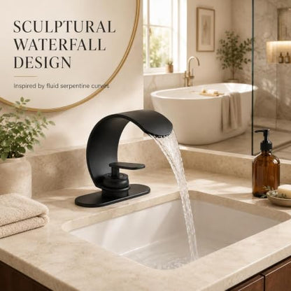 ARSUONTA Matte Black Waterfall Bathroom Sink Faucet, Single Handle, Fits Single-Hole or Compatible 3-Hole Sinks, Easy to Install with Deck Plate, Pop-Up Drain with Overflow and 24-Inch Supply Hoses - color: Black