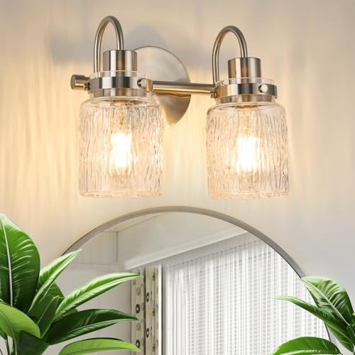 2 Lights Bathroom Vanity Light, Brushed Nickel Bathroom Light Fixtures with Hammered Glass Lampshade for Dressing Table,Over Mirror,Hallway - color: Brushed Nickel, size: 2 Lights