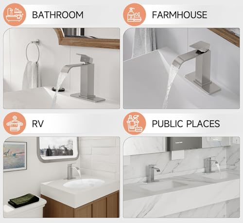 Brushed Nickel Bathroom Faucets Evolvegoods Modern Waterfall Faucet | Single Handle 1 or 3 Hole Bathroom Sink Faucet RV Mixer Tap Vanity Faucet with Deck Plate Pop-up Drain and Supply Lines - color: Brushed Nickel