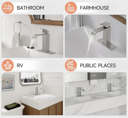 Brushed Nickel Bathroom Faucets Evolvegoods Modern Waterfall Faucet | Single Handle 1 or 3 Hole Bathroom Sink Faucet RV Mixer Tap Vanity Faucet with Deck Plate Pop-up Drain and Supply Lines - color: Brushed Nickel