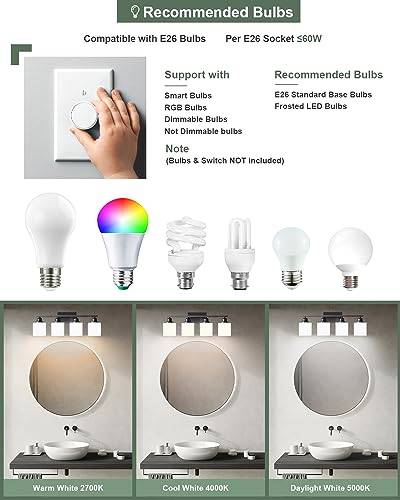 Vanity Light Fixtures, Matte Black, Over Mirror, Modern Bathroom Light, Anti-Rust Nickel Finished, 4-Light, E26 Standard Sockets, Easy Installation, 24 Months Replacement - color: Black-4 Light