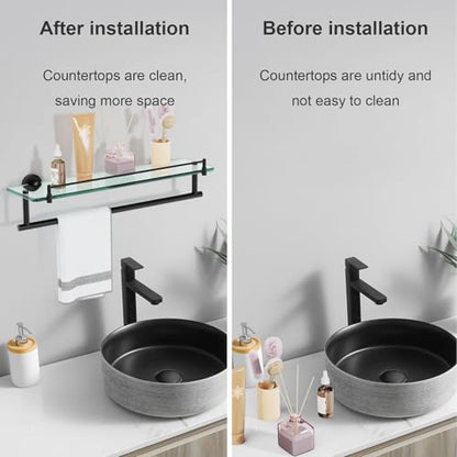 20-Inch Tempered Glass Bathroom Shelf with Towel Bar - Matte Black & Stainless Steel, Wall Mount Rustproof Tower Rail with Shelves - color: Matte Black, size: 20-inch with Railing