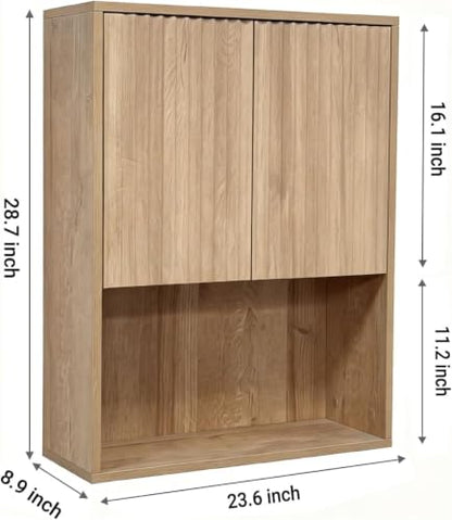 Fluted Bathroom Wall Cabinet Over the Toilet Storage,Wall Mounted Cabinet with Adjustable Shelf,Floating Cabinet Organizer Hanging Cabinet,Kitchen and Laundry Room Cabinets (Oak, 1 PC) - color: Oak