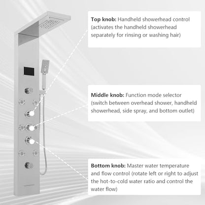 6-in-1 LED Shower Panel Tower System with 8 Adjustable Body Jets, Rainfall & Waterfall Shower, Smart Temperature Display, 59" Hose, Brushed Gold Stainless Steel, Wall Mounted (Silver) - color: Silver