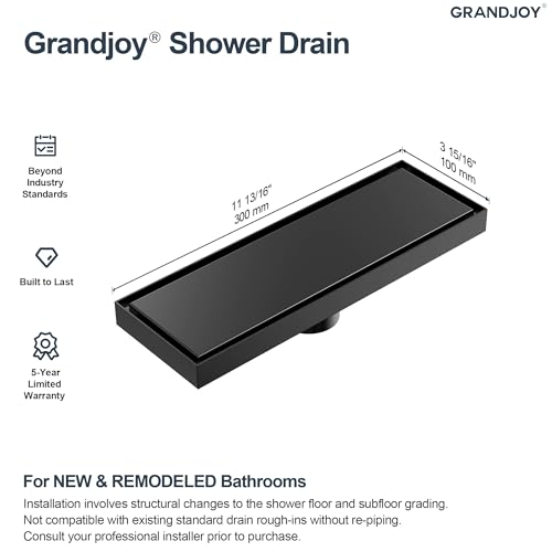12 Inch Linear Shower Drain with Tile Insert Grate, Matte Black 2-in-1 Invisible Floor Drain, cUPC Certified 304 Stainless Steel Trench Drain with Hair Strainer