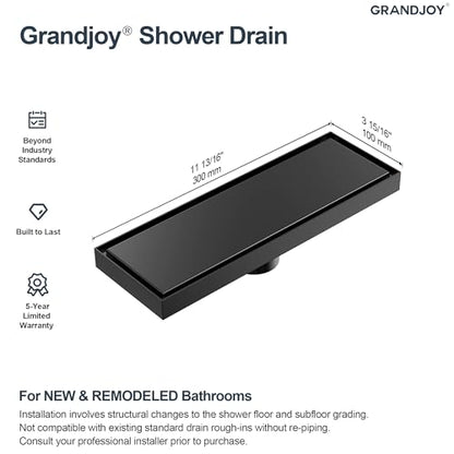 12 Inch Linear Shower Drain with Tile Insert Grate, Matte Black 2-in-1 Invisible Floor Drain, cUPC Certified 304 Stainless Steel Trench Drain with Hair Strainer