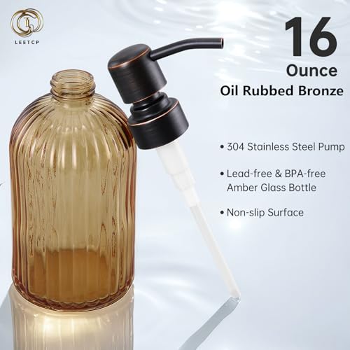 16 OZ Amber Glass Soap Dispenser, Amber Stripe Bathroom Hand Soap Dispensers with Stainless Steel Bronze Pump,Brown Glass Kitchen Hand Soap Dispenser with Oil Rubbed Bronze Pump - color: Oil Rubbed Bronze+amber, size: 1-Pack