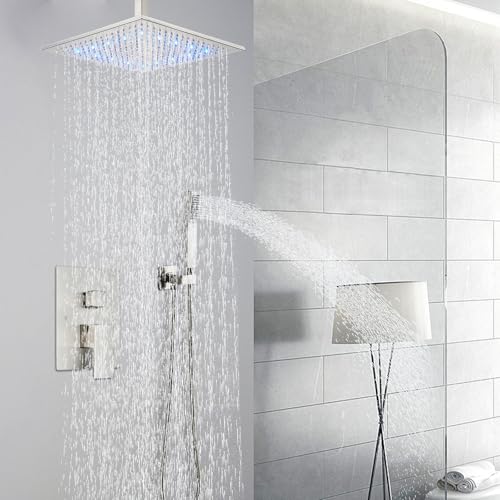 Shower System 12 Inch LED Square Showerhead Shower Faucet Set Shower Kit with Handheld Spray SUS304 Stainless Steel Shower Trim Kit Handheld shower with Rough-in Valve Brushed Nickle… - color: Brushed Nickel, style: 12"-led