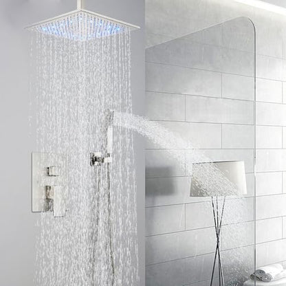 Shower System 12 Inch LED Square Showerhead Shower Faucet Set Shower Kit with Handheld Spray SUS304 Stainless Steel Shower Trim Kit Handheld shower with Rough-in Valve Brushed Nickle… - color: Brushed Nickel, style: 12"-led
