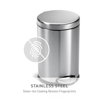 simplehuman Round Step Can, 4.5L / 1.2 Gallon Compact Bathroom Trash Can, 150,000-Step Pedal, Lid Shox® Silent Close, Removable Inner Bucket, Brushed Stainless Steel - color: Brushed, size: 4.5 Liter / 1.2 Gallon