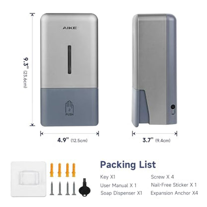 AIKE Liquid Commercial Soap Dispenser,27oz for Bathroom Sleek Silver,AK1006 | No-Drill and Screw Dual Wall Mount Install Design for Space-Saving,Easy Push Easy Refill and Large Capacity for Commercial - color: Silver