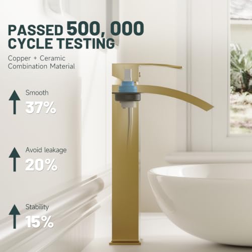 Brushed Gold Vessel Sink Faucet, Waterfall Bathroom Faucets | Brass, Tall Spout, Single Handle 1 Hole Bathroom Faucet, Modern Basin Taps with Supply Line, Pop Up Drain, Without Overflow - color: Brushed Gold, size: Tall