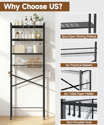 Over the Toilet Storage Rack,4-Tier Adjustable Bathroom Organizer Over Toilet with Storage Basket & 4 Hooks,Space Saving Shelf for Washer & Mini Fridge,Rustproof,Black Metal