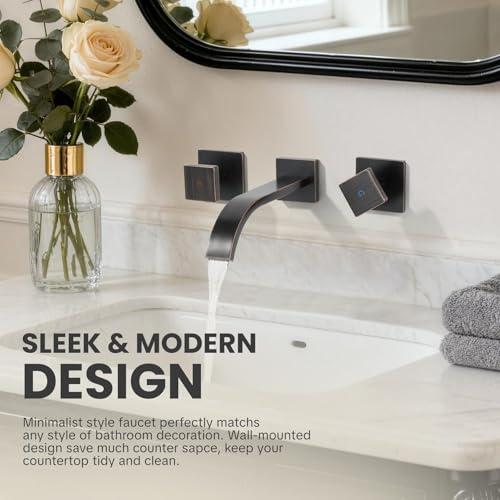 ALEASHA Wall Mount Bathroom Faucet 3 Hole Oil Rubbed Bronze Bathroom Faucet | Waterfall Bathroom Faucet with Two Handles, Brass Bathroom Sink Faucet with Rough-in Valve, Vessel Sink Faucet for Vanity - color: Oil Rubbed Bronze