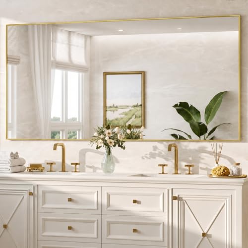 30" x 55" Gold Wall Mirror for Bathroom, 55" x 30" Full Length Accent Mirror, Metal Framed Vertical Decor for Bedroom & Double Vanity - color: Gold, size: 55"L x 30"W