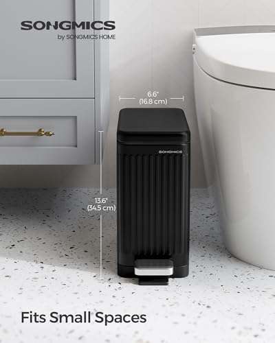 SONGMICS Bathroom Trash Can, 2.6-Gallon (10 L) Trash Bin with Lid, Slim for Small Spaces, Stainless Steel Garbage Can, Soft Close, Black ULTB562B01 | Slim Bin for Small Spaces, Soft Close, Ink Black, PATIA Collection ULTB562B01 - color: Black, style: 2.6