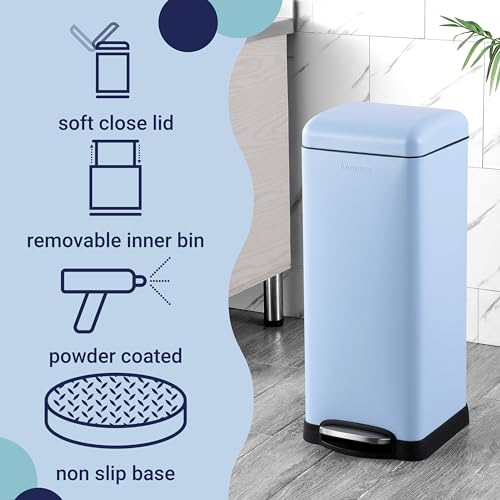 happimess Betty 8 Gal Step Trash Can Soft-Close Lid, Tide Pool Blue | Removable Liner, Semi-Rectangular, Steel Pedal, Iron Powder Coated, 27" Height, Non-Skid Base - color: Tide Pool Blue