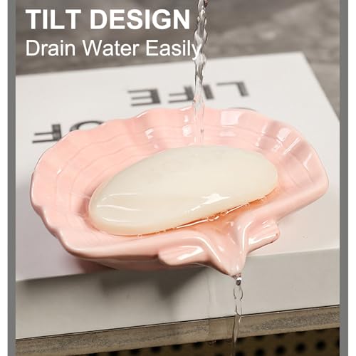 Ceramic Soap Holder, Sea-Shell Soap Tray with Self Draining, Soap Tray for Sink Washroom Bathroom Shower, Small Cute and Elegant Holder with Glaze, Easy Cleaning (Pink) - color: Pink