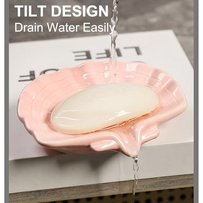 Ceramic Soap Holder, Sea-Shell Soap Tray with Self Draining, Soap Tray for Sink Washroom Bathroom Shower, Small Cute and Elegant Holder with Glaze, Easy Cleaning (Pink) - color: Pink
