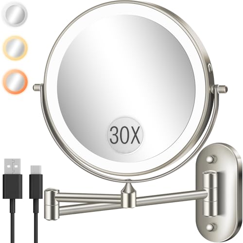 30X/1X 8 Inch Wall Mounted Magnifying Makeup Mirror with Light for Bathroom | Double Sided 3000mAh Rechargeable LED Lighted Vanity Mirror with Magnification 3 Color Light up Extended Arm 360 Rotation - color: 8inches-brushed Nickel