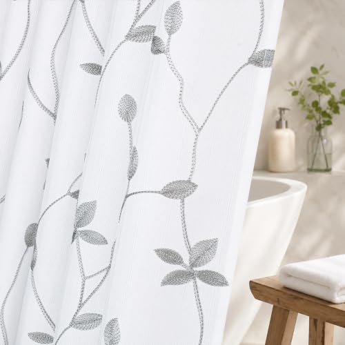Embroidered Leaf Farmhouse Shower Curtain,Faux Linen,72Wx72L,White Grey | Boho Modern Shower Curtain Set, Washable & Waterproof Fabric, Floral Shower Curtains for Bathroom with Hooks - color: White Grey