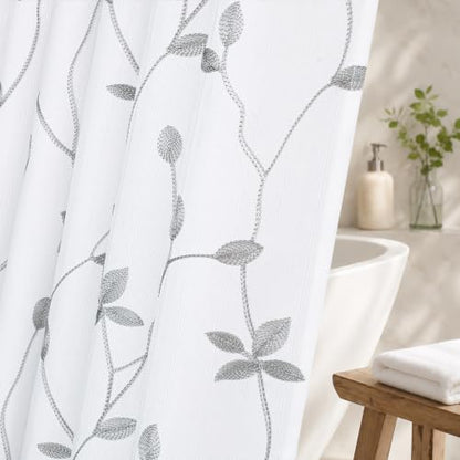 Embroidered Leaf Farmhouse Shower Curtain,Faux Linen,72Wx72L,White Grey | Boho Modern Shower Curtain Set, Washable & Waterproof Fabric, Floral Shower Curtains for Bathroom with Hooks - color: White Grey