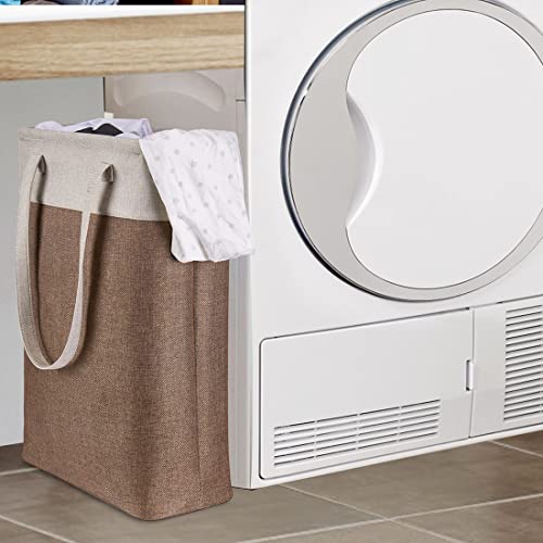 Laundry Basket with Handles Beige&Brown Slim Laundry Bin Collapsible Dirty Clothes Basket Narrow Laundry Bag Foldable Dirty Hamper for Camping, Dorms, Apartments - color: Beig&Brown