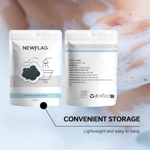 NEWFLAG 2 PCS Exfoliating Shower Towel, Premium Scrub Bathroom Towel Set, 47" Dual-Sided Body Scrubber for Sensitive Skin, Deep Cleansing for Body & Face, Long Back Scrubber for Women Men, Black - color: Black