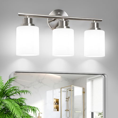 3 Light Bathroom Light Fixtures, Modern Vanity Lights with Milky Glass Shade, Brushed Nickel Wall Lamp Over Mirror for Bathroom, Living Room, Cabinet, Bedroom, E26 Base - color: Matt Nickel & Milky White Glass, size: 3 Light