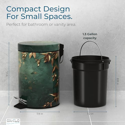 Sanilo Small Bathroom Trash Can with Lid [1.3 Gallon] - Lidded Tiny Trashcan for Garbage - Mini Metal Bin with Soft Closing Mechanism - Bath Room Accessoire Wastebin with Inner Bucket (Greego) - color: Greego