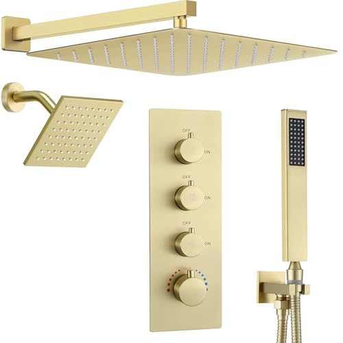 16" Thermostatic Dual Rainfall Head Shower System with Handheld & Valve, 16-Inch Shower Faucet Set with 6-Inch Shower Head, JetsBath Brushed Gold Full Body Shower System for Couples/2-Person