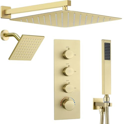 16" Thermostatic Dual Rainfall Head Shower System with Handheld & Valve, 16-Inch Shower Faucet Set with 6-Inch Shower Head, JetsBath Brushed Gold Full Body Shower System for Couples/2-Person