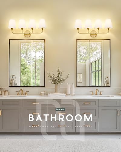 4-Light Brushed Gold Bathroom Vanity Light, White Fabric Shades | 28" bathroom light fixtures over mirror, upward only, E26 base, bulbs not included, VL837-BG-4 - color: Brushed Gold, size: 4-light