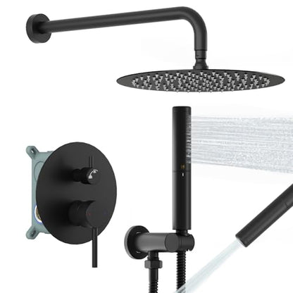 BESy Shower System with 10 Inch Round Rain Shower Head and Handheld Wall Mounted, High Pressure Rainfall Heads Shower Faucet Fixture Combo Set with 2 in 1 Spray Showerhead for Bathroom, Black - color: Black