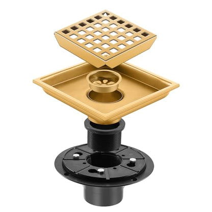 Shower Drain, Brushed Gold 4 inch Shower Floor Square Drain with Flange, Removeable Grid Panel SUS 304 Stainless Steel Square Shower Drain - color: Brushed Gold, size: 4 inch