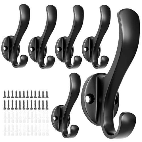Heavy Duty Coat Hooks - 6 Pack Aluminum Alloy Wall Mounted Hooks for Hanging Jacket, Clothes, Bags, Hat | Durable Metal Utility Wall Hooks for Entryway, Closet, Mudroom, Bathroom, Garage - color: 6 Pack-Black
