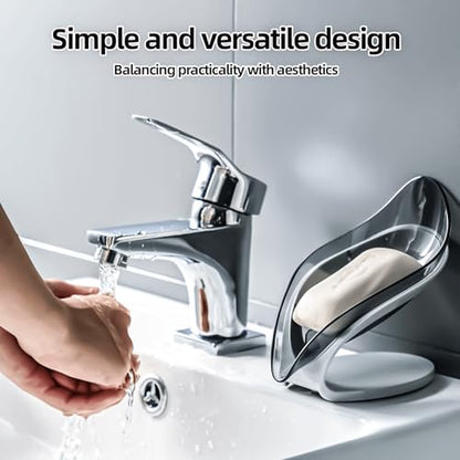 Leaf-Shaped Soap Dish – Premium Soap Bar Holder with Self-Drainage System – Bar Soap Holder for Shower, Bathroom Sink, Kitchen – Waterfall Soap Dish with Stand - color: Grey