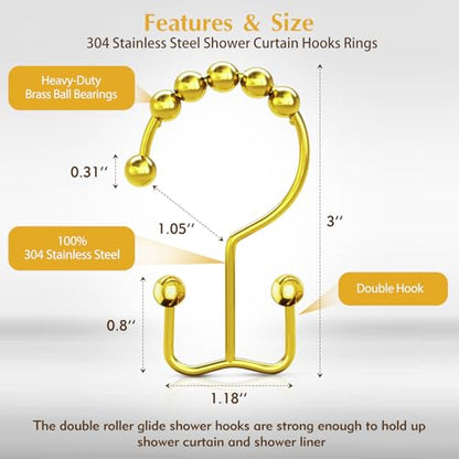 12 Pcs Gold Shower Curtain Hooks, 304 Stainless Steel Shower Curtain Hooks | Shower Curtain Rings Rust Proof, Double Hook Glide Shower Curtain Hooks Gold for Bathroom, Modern Decorative Shower Hooks