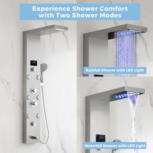 DELAVIN LED Stainless Steel Shower Tower, 5-Function Shower Panel Tower | Temperature Display, Rainfall Waterfall Shower, Massage Jets, Tub Spout, for Renovation, New Builds, Rentals & Contractors - style: 8 Body Jets With LED