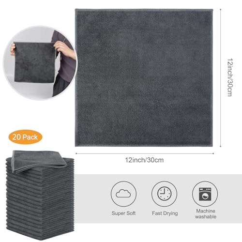 Microfiber Rag Cleaning Cloth Kitchen Cloths 12x12in 20 Pack Grey | Absorbent, Quick Dry, Streak Free, Dish Rags, Glass Cloths - color: Greyx20