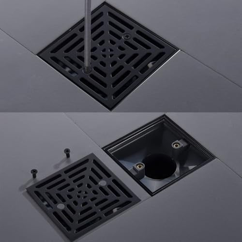 RANDOM 4 Inch Black Shower Drain Square with Adjustable PVC Base Flange,SUS304 Stainless Steel Matte Black Shower Floor Drain with Removable Cover Grid Grate - color: B-matte Black-4″ Square With Base Flange
