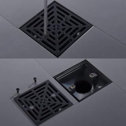 RANDOM 4 Inch Black Shower Drain Square with Adjustable PVC Base Flange,SUS304 Stainless Steel Matte Black Shower Floor Drain with Removable Cover Grid Grate - color: B-matte Black-4″ Square With Base Flange