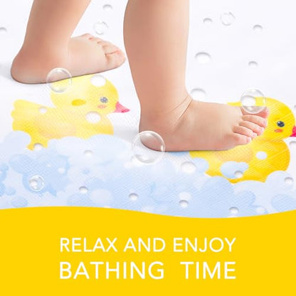 PRATIQUE Kids Bath Mat for Tub Non Slip，40 X 16 Inch Extra Long Kids Bathtub Mat Duck Print Bathtub Shower Mat Safety Anti Slip with Suction Cups and Drain Holes, Machine Washable - color: Yellow Duck