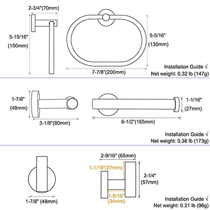 Angle Simple Bathroom Hardware Set Brushed Dark Gold, 4-Piece | SUS304 Stainless Steel Bathroom Fixtures Accessory Kit with Towel Hook x 2, Toilet Paper Holder and Rotary Towel Ring - color: Brushed Dark Gold