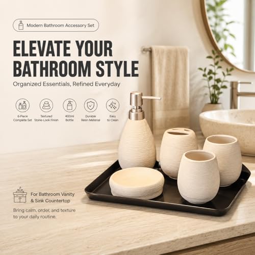 Bathroom Ceramic Accessories Set, 6 Piece Bathroom Set with Including Soap Dispenser Mouthwash Cup Soap Dish Toothbrush Holder Tray (White) - color: White