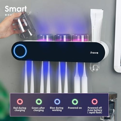 iHave UV Toothbrush Sanitizer Holder Wall Mount Toothpaste Dispenser, 4-Cup | Auto-Cycle Disinfection Toothbrush Holders for Bathrooms with UV Toothbrush Sanitizer & Toothpaste Dispenser, Breathing Light - color: Uv Black 4 Cups